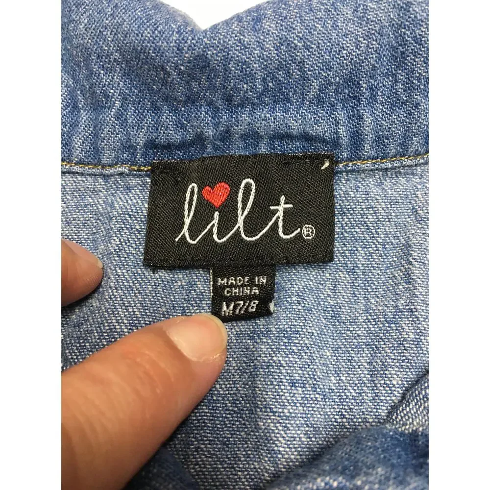 Lilt Jean Dress Button Up Tulle Ruffle Bottom Long Sleeve Girls M 7/8